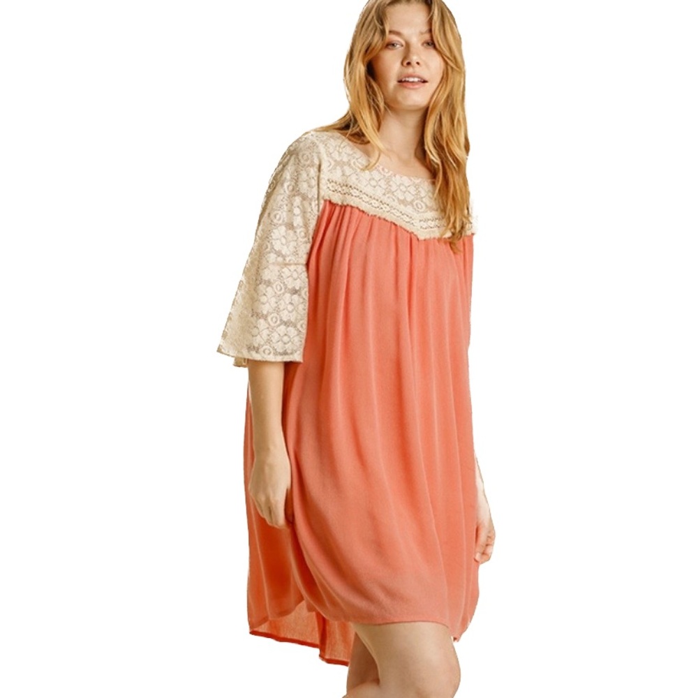 Floral Lace Round Neck Dress in Salmon